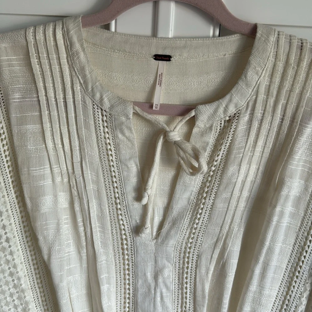 NWT FREE PEOPLE Women's White 'NOMAD' Peasant Boho Pintucked Mini Dress‎ Xs